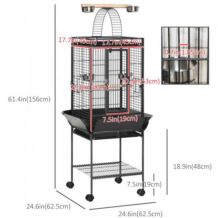 Pawhut Cage A Oiseaux De 61 Pouces Pour Pinsons, Perruches Avec Support, Plateau Coulissant, Dessus De Jeu, Etagere De Rangement, Perchoir En Bois, Recipient Alimentaire