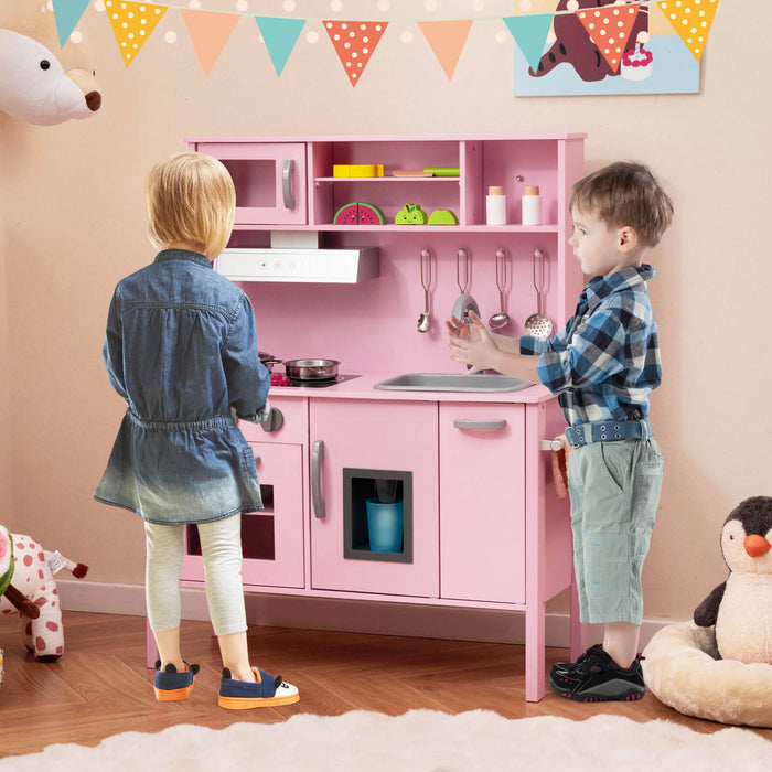 Costway Kids Kitchen Playset En Bois Pretendre Jouer Chef Jouet Avec Micro-ondes Et Accessoires Rose