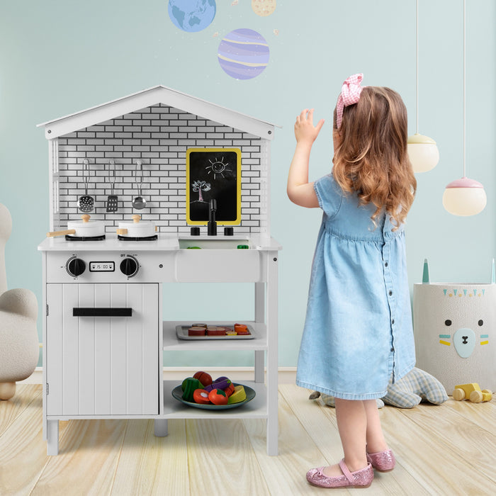 Ensemble De Cuisine De Jeu, Jouet De Cuisine En Bois Avec Tableau Noir Supplementaire, Belles Fenetres, Etageres De Rangement Et Crochets, 5 Pieds En Bois Massif, Ensemble De Cuisine Fictive Pour Les Tout-petits De 3 Ans Et Plus, Blanc