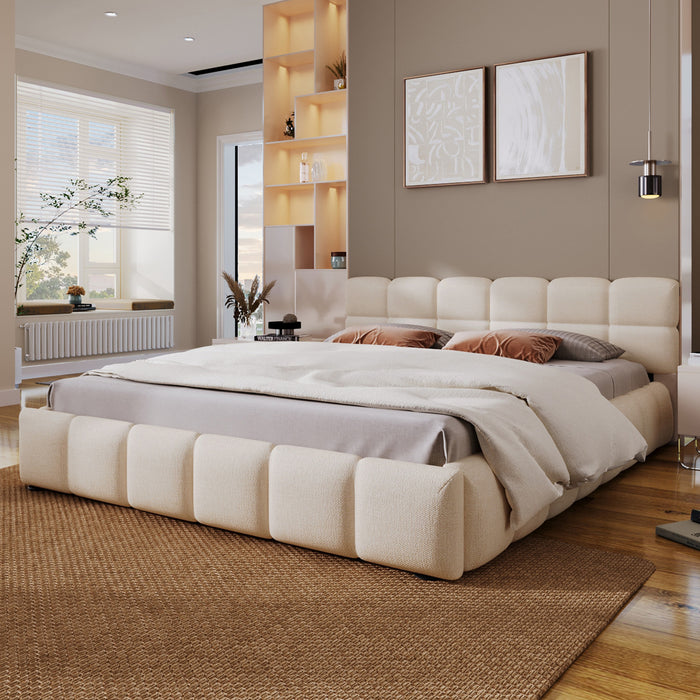 Eleanor Lit elegant avec revetement en chenille et design a damier, Taille Queen, Beige
