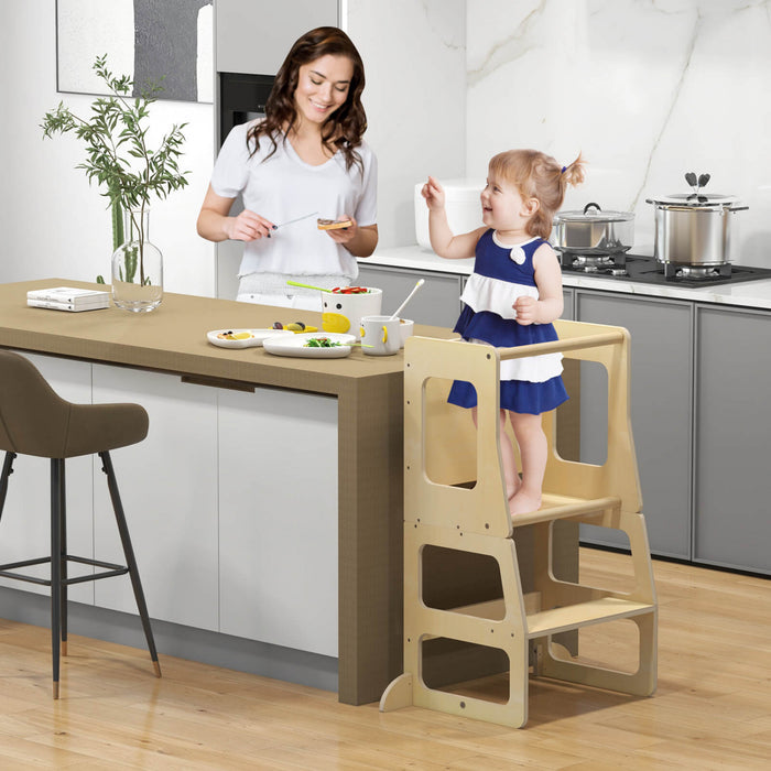 Costway 3-en-1 Cuisine Pliable Tour Debout Pour Tout-petits Avec Tableau A Crais Table De Sevrage Naturelle