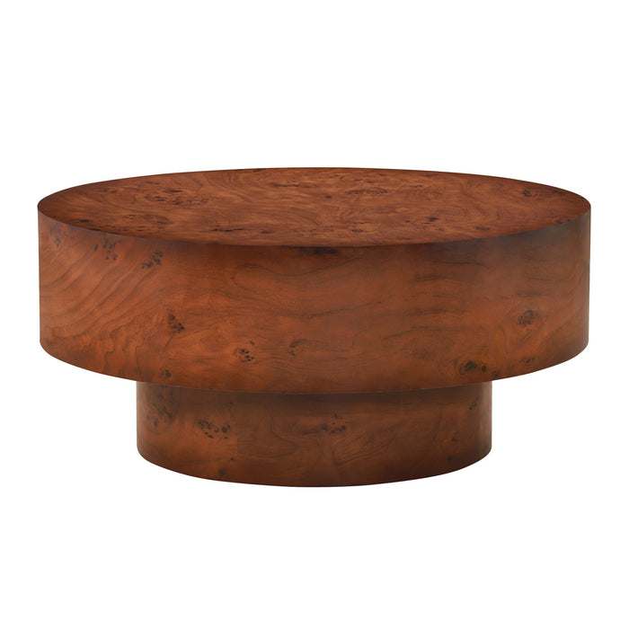 Table basse ronde moderne Sage 31,5 pouces avec finition placage bois et base cylindrique, brun