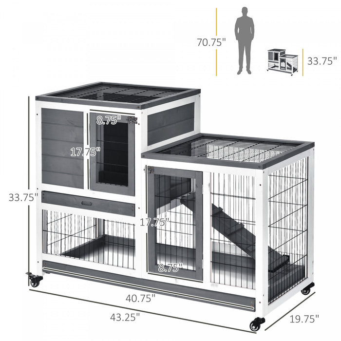 Pawhut Clapier D'interieur En Bois Pour Lapin Avec Cage Surelevee Avec Enclos Ferme Avec Roues, Ideal Pour Lapins Et Cochons D'inde, Gris Et Blanc