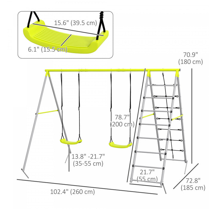 Outsunny 4 En 1 Swing En Metal Avec Double Balancoires, Grimpeur, Filet D'escalade, Heavy Duty Swing Set Pour Enfants, Tout-petits, Cour Arriere, Exterieur, Terrain De Jeu, Vert