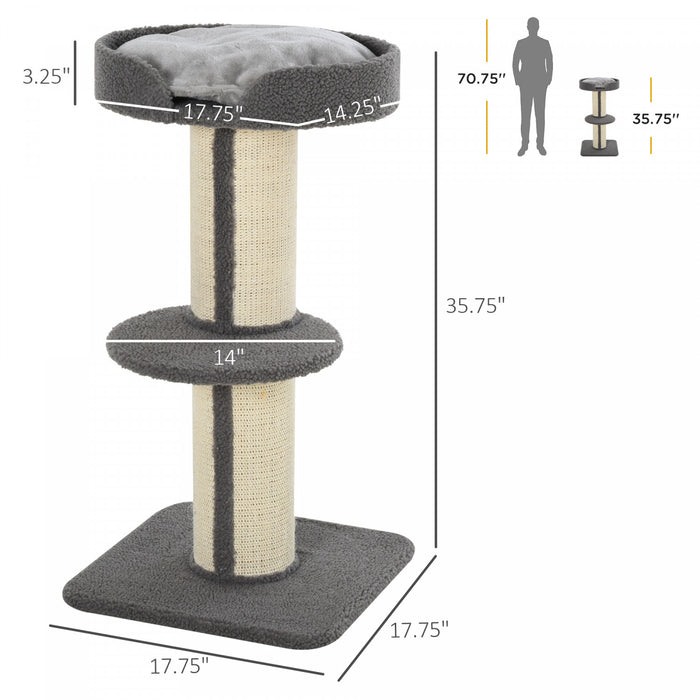Pawhut Arbre A Chat 36\" Tour Pour Chat A Plusieurs Niveaux Avec Grattoir En Sisal, Lit Pour Chat, Coussin, Perchoir, Gris