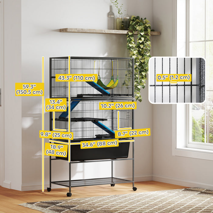 Cage pour petits animaux a 5 niveaux avec plateau profond, sur roulettes