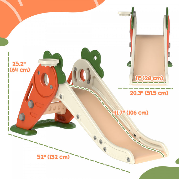 Qaba Toboggan Pour Tout-petits, Toboggan 3 En 1 Pour Enfants Avec Panier De Basket-ball, Grimpeur, Toboggan Interieur Pliable Sur Le Theme Du Radis Pour 1 A 3 Ans, Orange