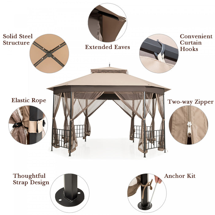 Marque Costway 304,8 Cm X 365,7 Cm Gazebo De Patio Octogonal Avec Double Auvent Et Parois Laterales En Filets