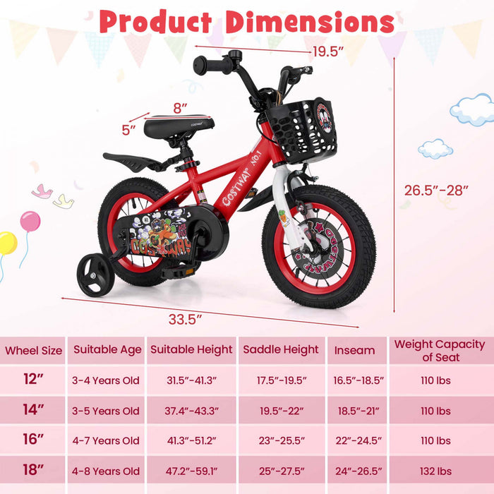 Costway 12\" Velo Pour Enfants Pour 3-4 Avec Guidon Reglable En Hauteur Et Frein A Main En Selle Rouge