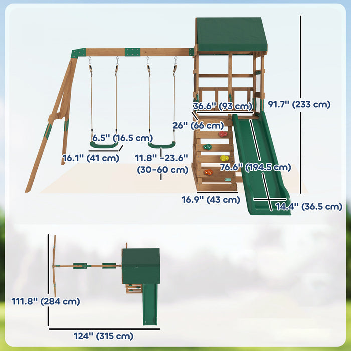 Portique en bois Qaba, aire de jeux exterieure avec toboggan, 2 balancoires et mur d'escalade