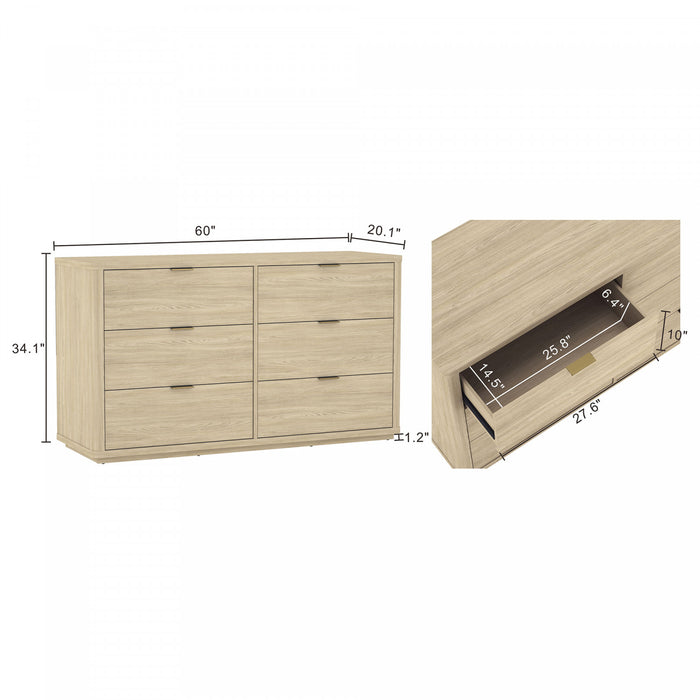 Commode moderne Evelyn 60\" en naturel (6 tiroirs)