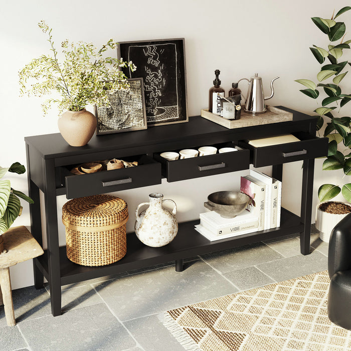 Table d'entree Emma 59,1'' de style ferme avec tiroirs et etagere ouverte, noire
