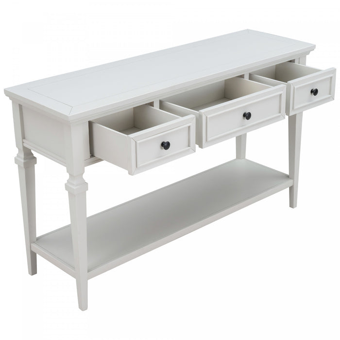 Table Console Sabina En Bois Massif Avec 3 Tiroirs Et Etagere - Blanc Antique
