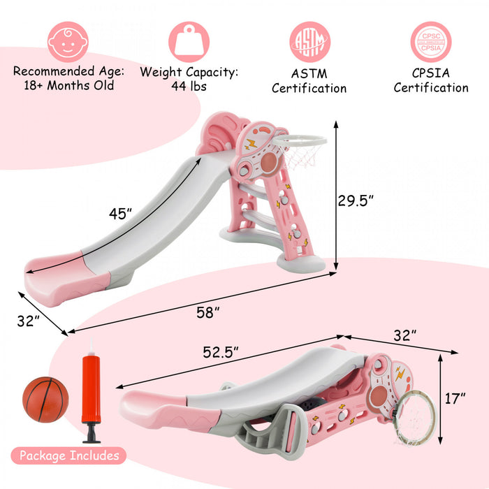 Costway 3-en-1 Enfants Coulisse Interieure Avec Cercle De Basket-ball Et Basket-ball, Zone Tampon Sure Rose