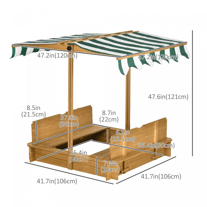 Bac A Sable En Bois Pour Enfants Avec Couvercle, Station De Jeu De Sable D'exterieur Pour Enfants Avec Banquettes Pliables, Auvent Reglable, Doublure Inferieure Pour L'exterieur, Marron