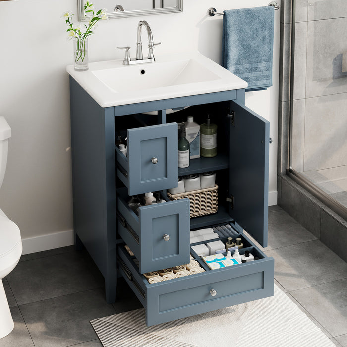 Mia Meuble-lavabo de 24\" avec vasque en ceramique et rangement a plusieurs tiroirs, Bleu Gris