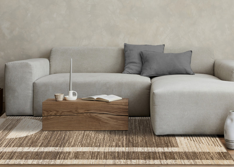 Carpette Forte brune, beige et crème à motif géométrique abstrait - 5 pi 3 po x 7 pi 5 po