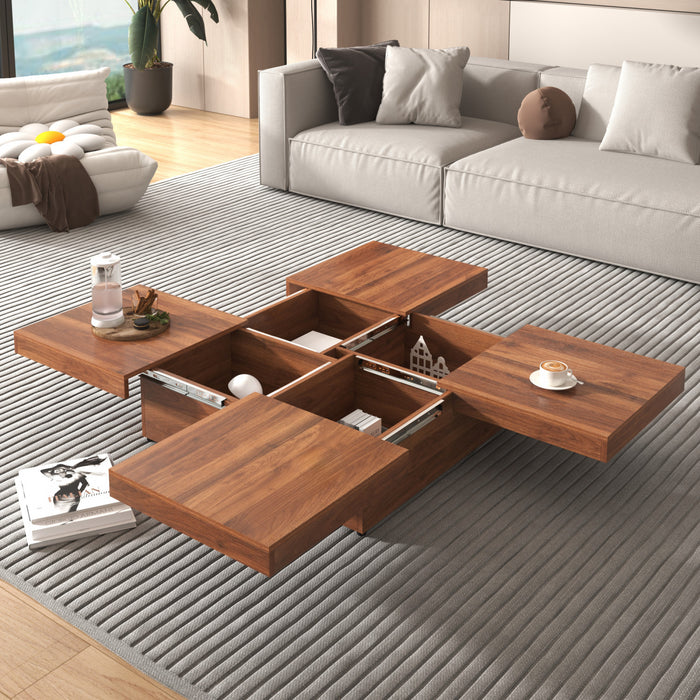 Table Basse Carree Jack De 39,4\" En Bois Composite Avec Plateau Coulissant Et Rangement, Finition Noyer