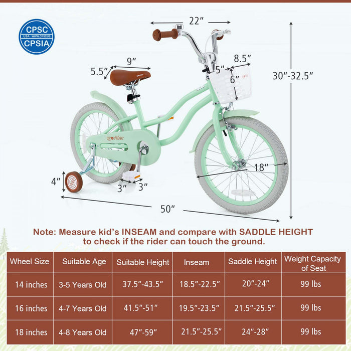 Costway 18\" Enfants Velo Tout-petit Velo Avec Roue D'entrainement Kickstand Pour 4-8 Ans Vert