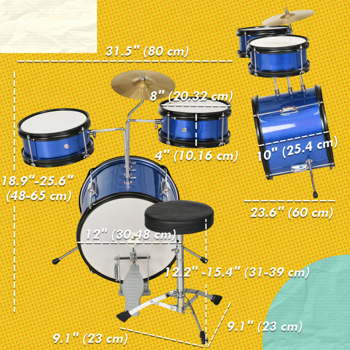 Qaba Batterie 7 Pieces Avec Trone, Batterie Pour Enfants Avec Cymbale Reglable, Pedale, Baguettes, Batterie Junior Pour Les Tout-petits De 3 A 6 Ans, Bleu