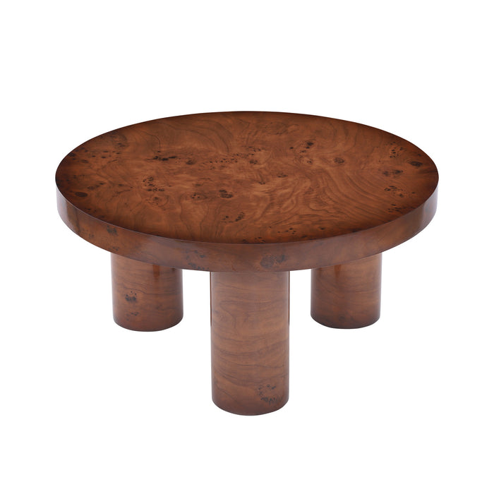 Table basse ronde moderne Lira 31,5 pouces placage bois a trois pieds cylindriques, brun