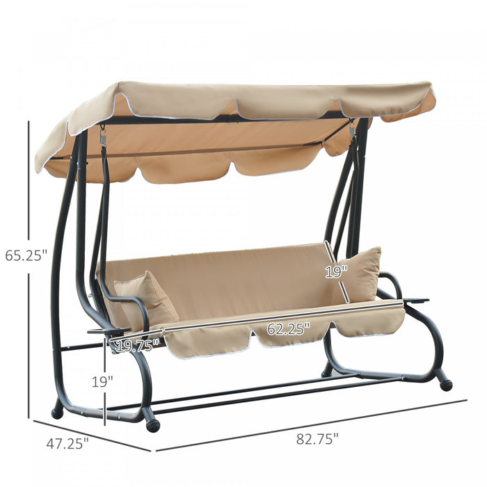 Outsunny Heavy-dunny Metal 3 Places Balancoire Exterieure Jardin Hamac Lit Avec Auvent Et 2 Oreillers Beige