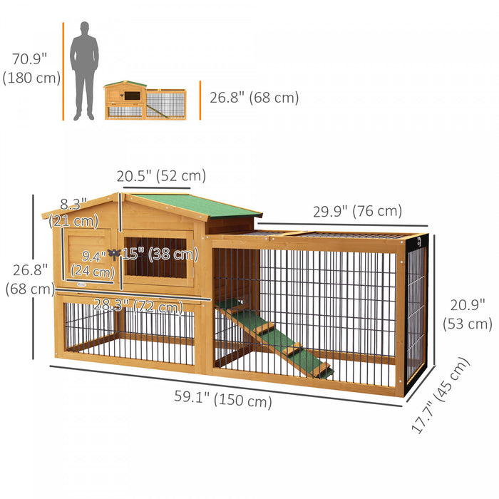 Pawhut Clapier D'exterieur A 2 Niveaux Avec Dessus Ouvrant, Grande Cage A Lapin En Bois De 59\" Avec Toit Resistant Aux Intemperies, Plateau Amovible, Rampe, Jaune