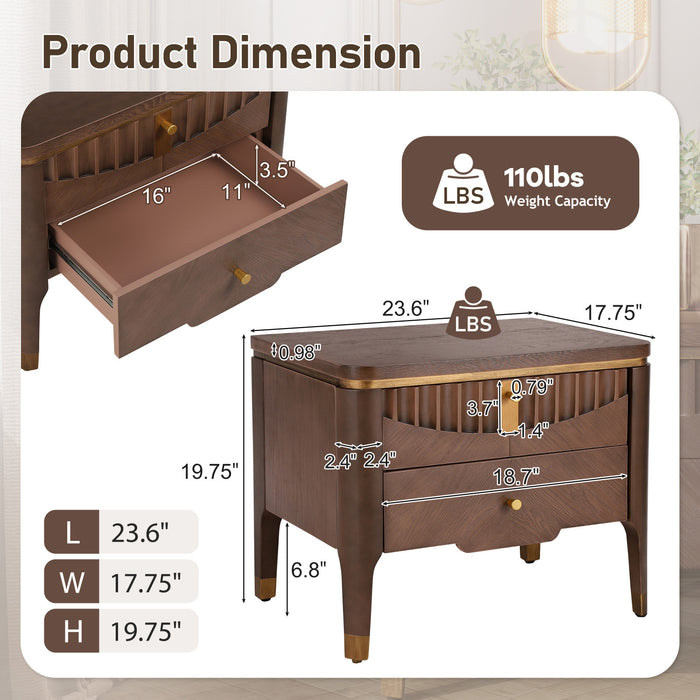 La table de nuit moderne Liam avec design en vague et 2 tiroirs de rangement, couleur marron