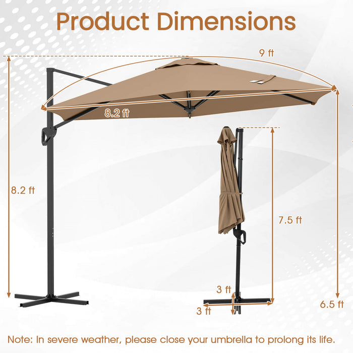 Parasol deporte Costway 9 FT avec haut ventile, parasol suspendu deporte, marron, pour bord de piscine