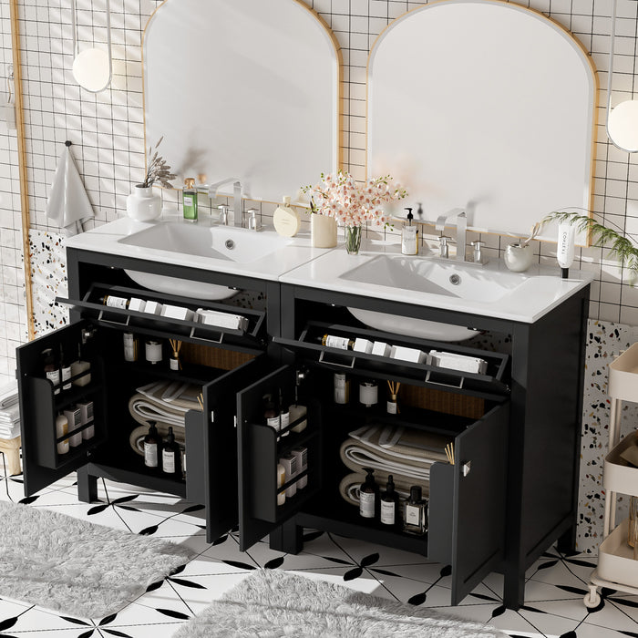 Meuble de salle de bain double moderne Felix 60 pouces avec lavabo ceramique et rangement, noir