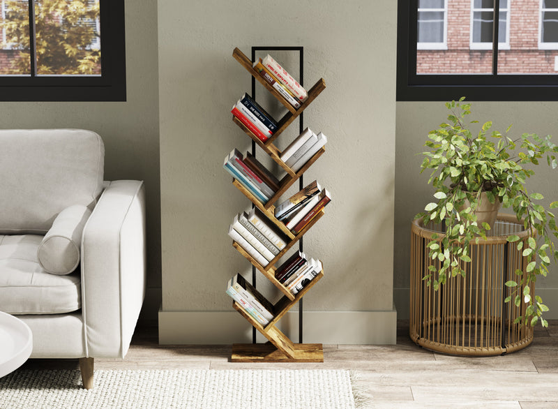 Bibliothèque de 46 po de style arbre avec 8 tablettes - bois recyclé brun avec métal noir