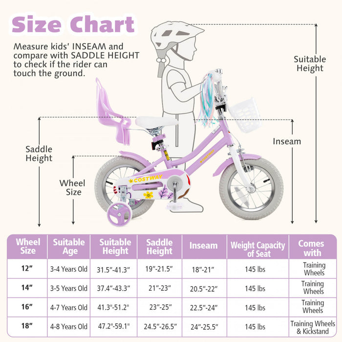 Costway 14 Pouces Enfants Velo Avec Roues D'entrainement Poupee Siege Panier Streamers Frein A Main Violet