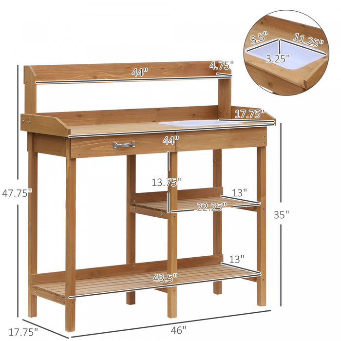 Outsunny Banc de jardinage avec table, Poste de travail de jardin avec tiroir, evier amovible, etageres de rangement et crochets pour patio, cours et balcon, Naturel