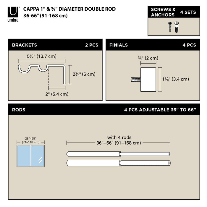  Tringle à rideaux extensible double Cappa de Umbra laiton de 1 po - 36 po à 66 po