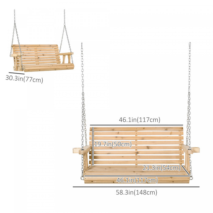 Siege De Balancoire D'exterieur Pour Porche 2 Places Outsunny Avec Porte-gobelet, Banc De Hamac En Bois Avec Chaines Pour Jardin Et Patio
