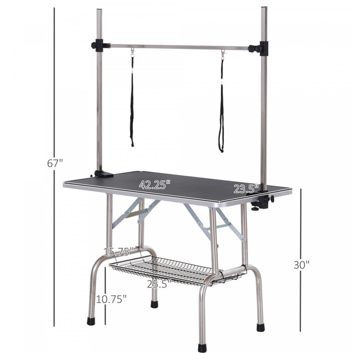 Pawhut Table De Toilettage Reglable Pour Chien Dessus En Caoutchouc 2 Elingues De Securite Panier De Rangement En Maille Heavy Metal Noir 42.25\"l X 23.5\"l X 67\"h