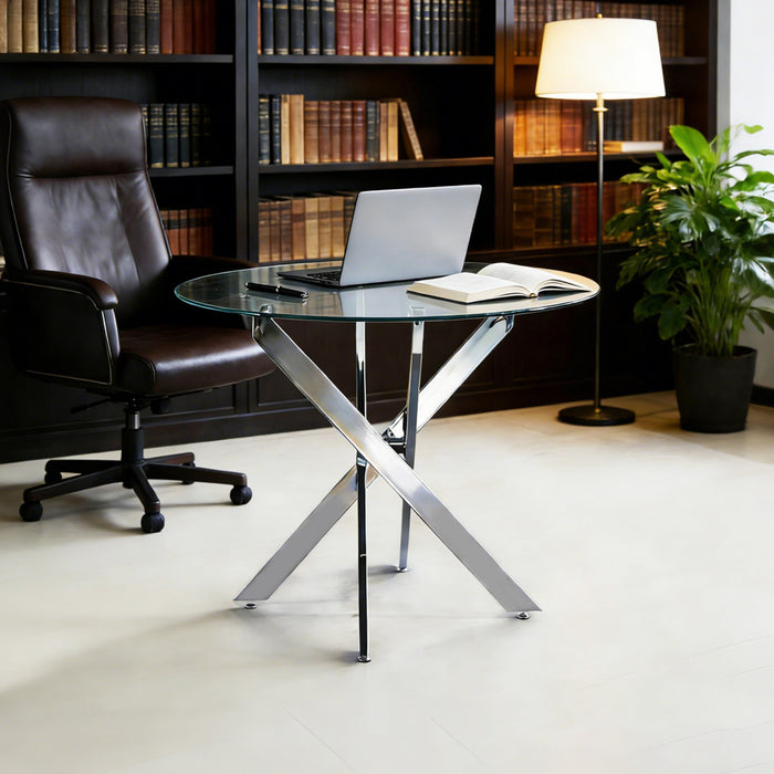 Table a manger ronde multifonctionnelle Alex avec plateau en verre, finition chrome