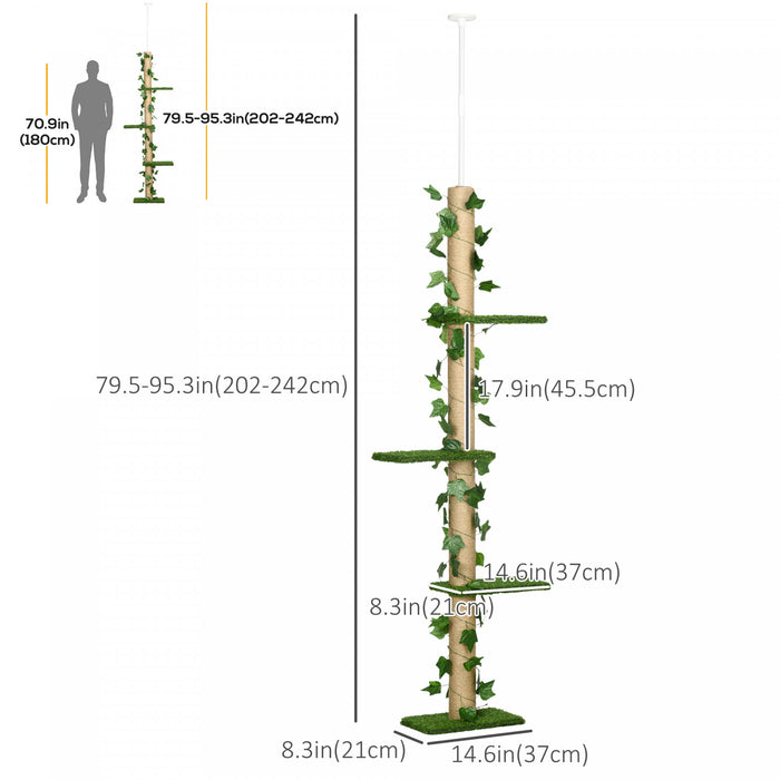 Pawhut Arbre A Chat A 4 Niveaux Du Sol Au Plafond, Hauteur 79,5 A 95,3\" Reglable, Grande Tour Pour Chat Antiderapant, Centre D'activites Multicouche Hautement Simulant Avec Perchoirs, Griffoir - Vert