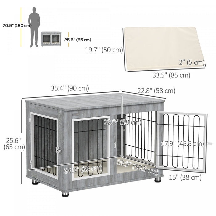 Pawhut Table D'appoint Cage Pour Animal Domestique Avec Coussin Doux, Cage A Double Porte Pour Chiens De Taille Moyenne Et Grande, Niche En Fil De Bois Pour Usage Interieur, Gris