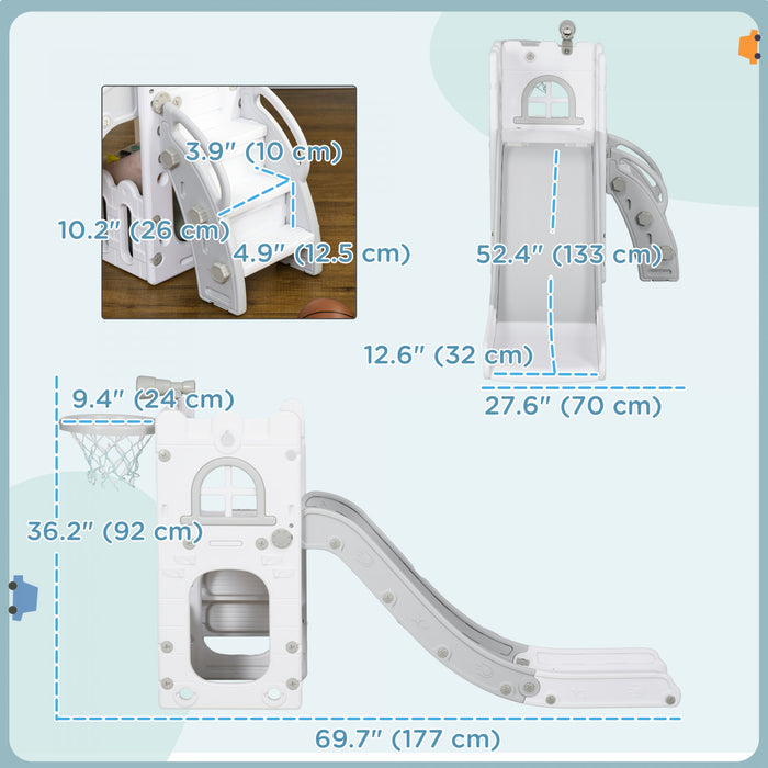 Qaba Toboggan 4 En 1 Pour Enfants Ages De 1 A 3 Ans Avec Panier De Basket, Grimpeur, Telescope, Panier De Rangement, Pour Usage Interieur, Gris