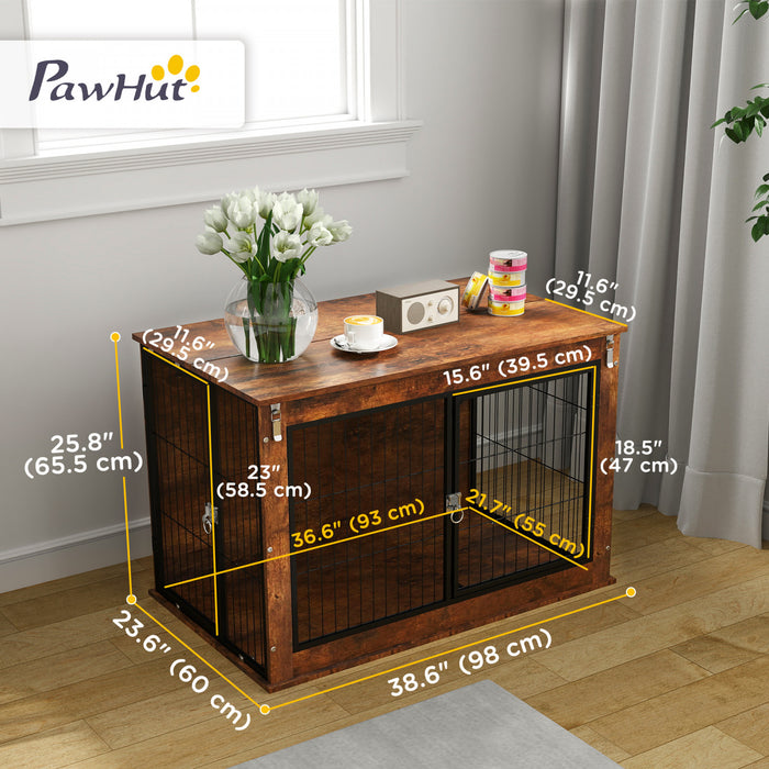 Pawhut Meuble De Niche Pour Chien De 39\" Avec Ouverture Superieure Rabattable, 2 Portes, Table D'appoint Pour Cage D'interieur Pour Grands Chiens, Marron Rustique
