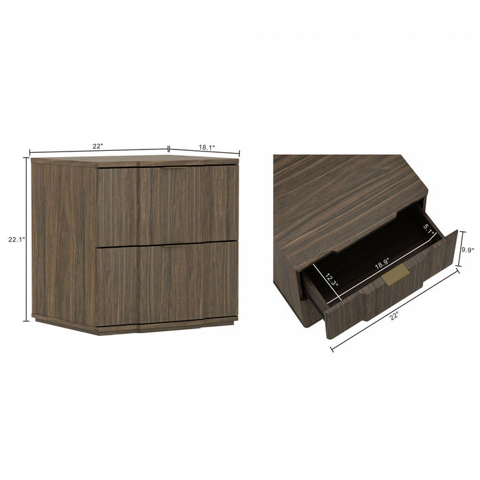 Table de nuit Clive style milieu du siecle 56 cm en noyer et or (2 tiroirs)
