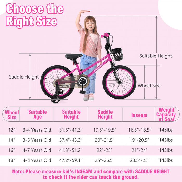 Costway 18\" Velo Pour Enfants Avec Roues D'entrainement Guidon Reglable Et Frein A Main De Siege Rose