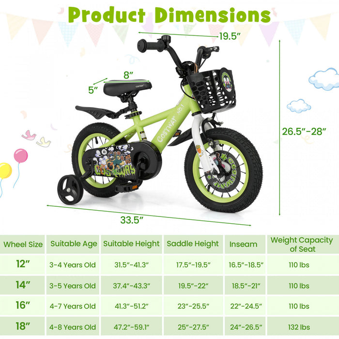 Costway 12\" Velo Pour Enfants Pour 3-4 Avec Guidon Reglable En Hauteur Et Frein A Main En Selle Vert