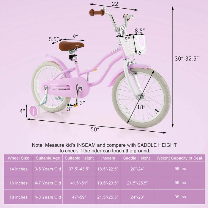 Costway 18\" Enfants Velo Tout-petit Velo Avec Roue De Formation Pour 4-8 Ans Violet