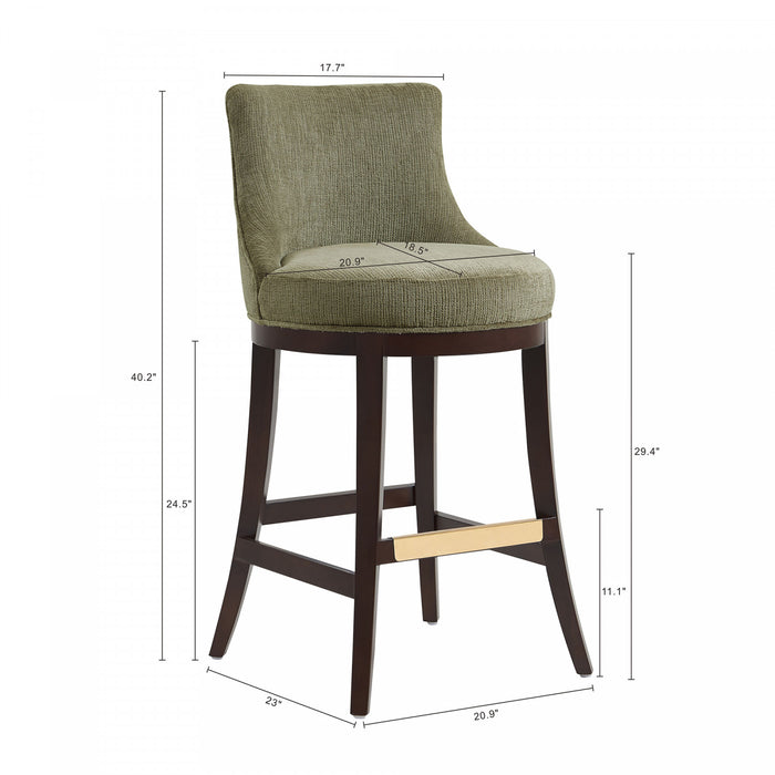 Tabouret de bar moderne en bois Lucia, tapisse de chenille, vert feuille