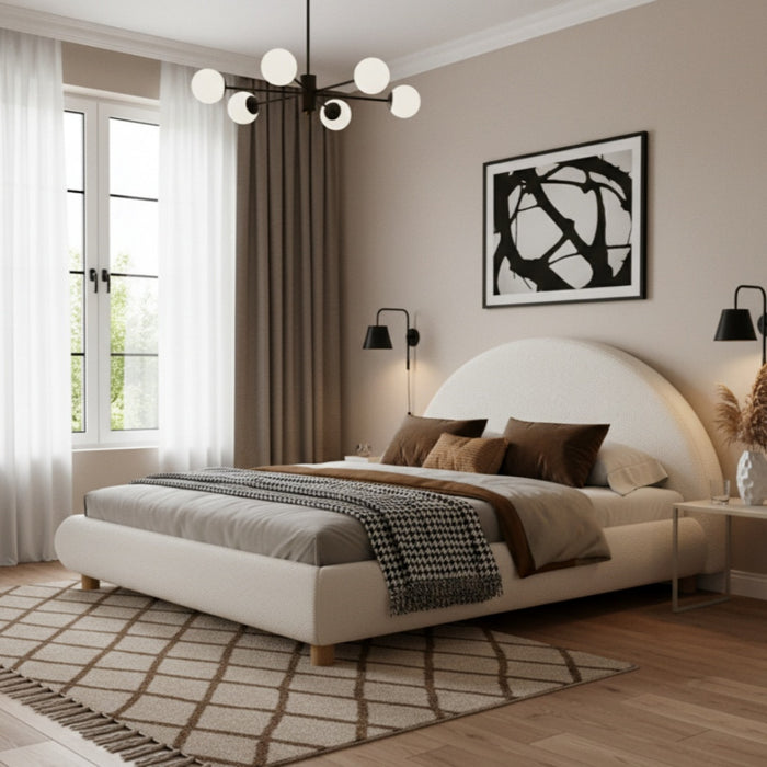 Lit plateforme Harold avec tete de lit incurvee ronde en tapisserie bouclee et cadre bas, taille Queen, blanc