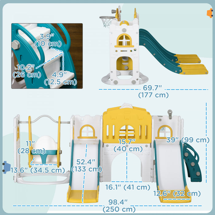 Qaba Ensemble toboggan et balancoire 8 en 1 avec panier de basket, grimpeur, balancoire pour bebe, aire de jeux interieure avec allee, volant, telescope, pour les 1 a 3 ans, jaune