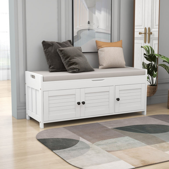 Banc De Rangement Olivia En Pin Avec Meuble A Chaussures 3 Portes Et Compartiment Cache, Blanc