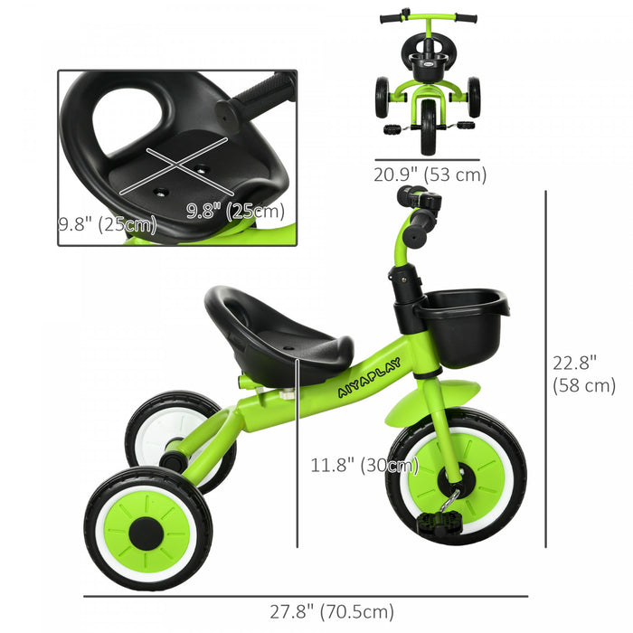 Qaba Tricycle Pour Enfants Filles Et Garcons De 2 A 5 Ans, Velo Pour Tout-petits Avec Siege Reglable, Panier, Cloche, Vert